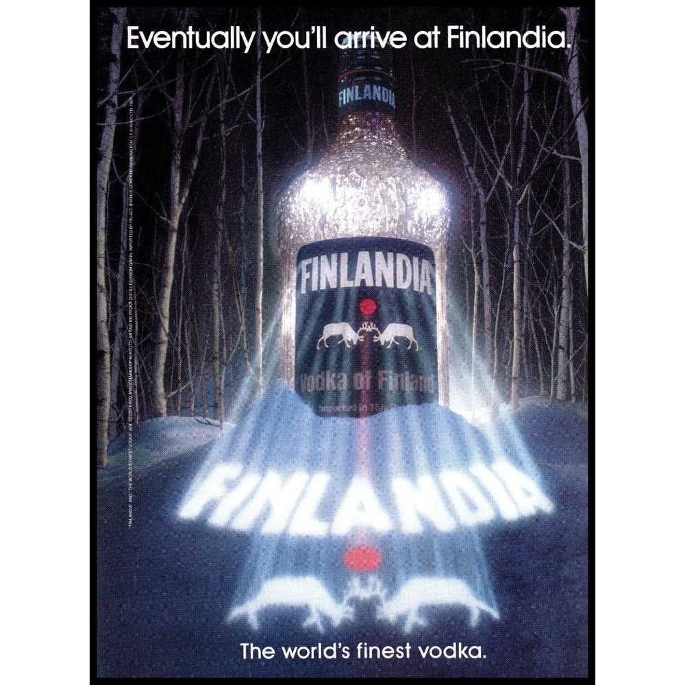 1987 Finlandia Vodka Vintage Print Ad Birch Forest Snow Night Reindeer Wall Art